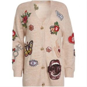 Alice + Olivia Cream Embroidered Cardigan Sweater